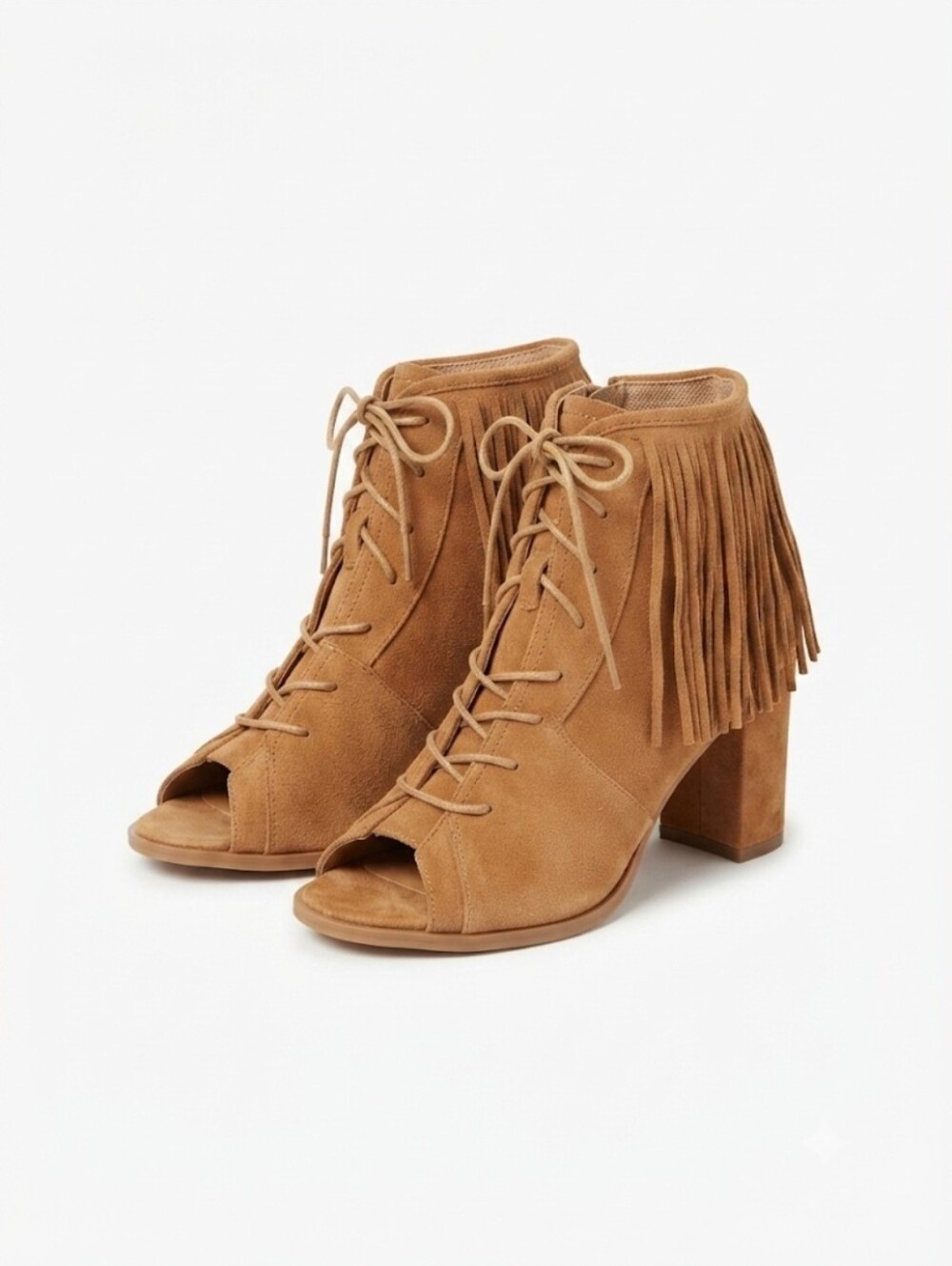 Gizeth Fringe Lace-Up Peep Toe Block Heel Ankle Boots - Tan Size 40